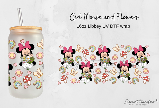 Girl Mouse and Flowers wrap [UV DTF - 16oz Libbey Glass Can] | Ready to Apply | Physical Product