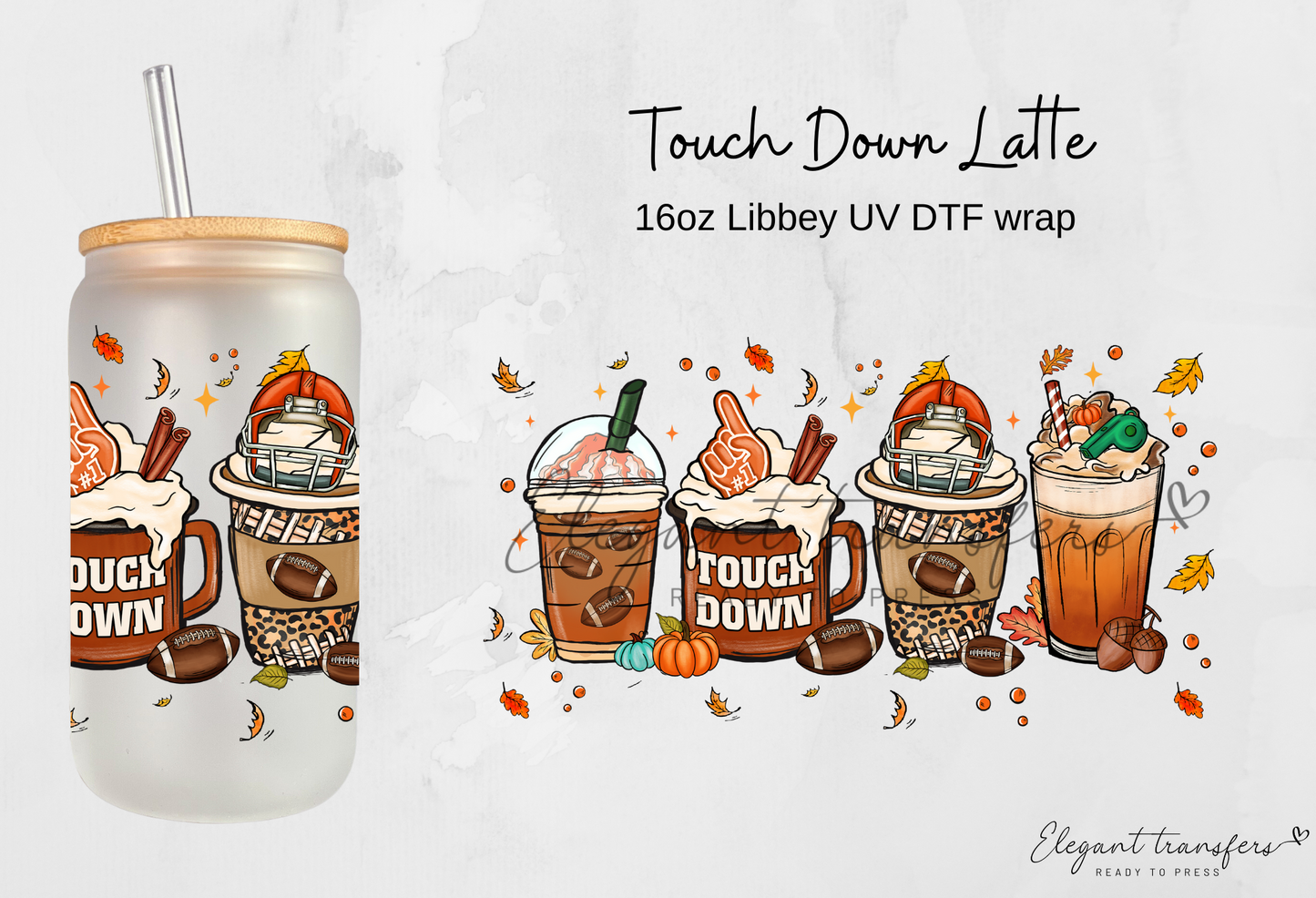 Touch Down Latte wrap [UV DTF - 16oz Libbey Glass Can] | Ready to Apply | Physical Product