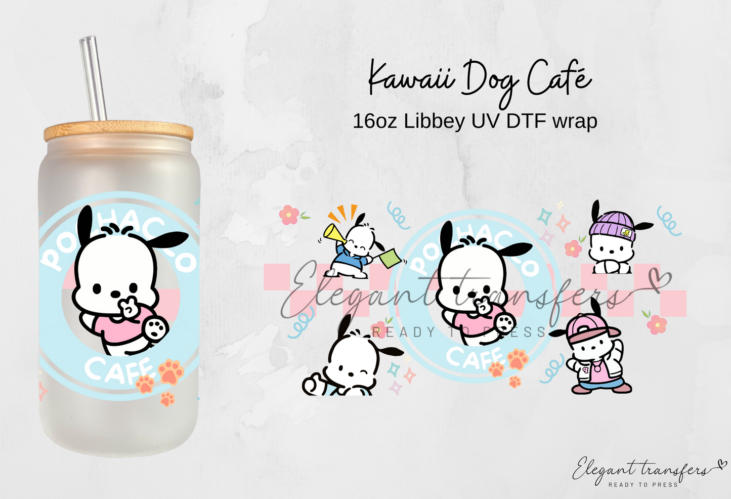 Kawaii Dog Café wrap [UV DTF - 16oz Libbey Glass Can] | Ready to Apply | Physical Product