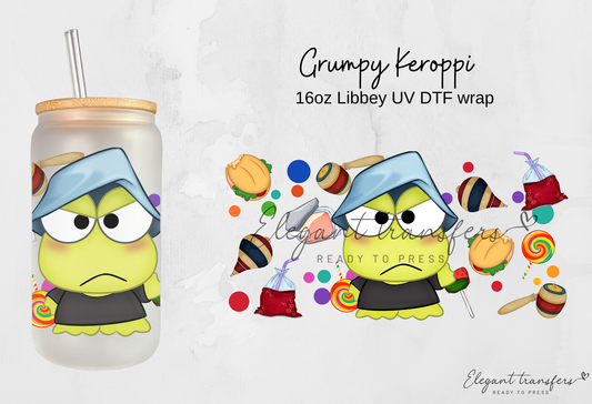 Grumpy Keroppi Wrap [UV DTF - 16oz Libbey Glass Can] | Ready to Apply | Physical Product | Transfer