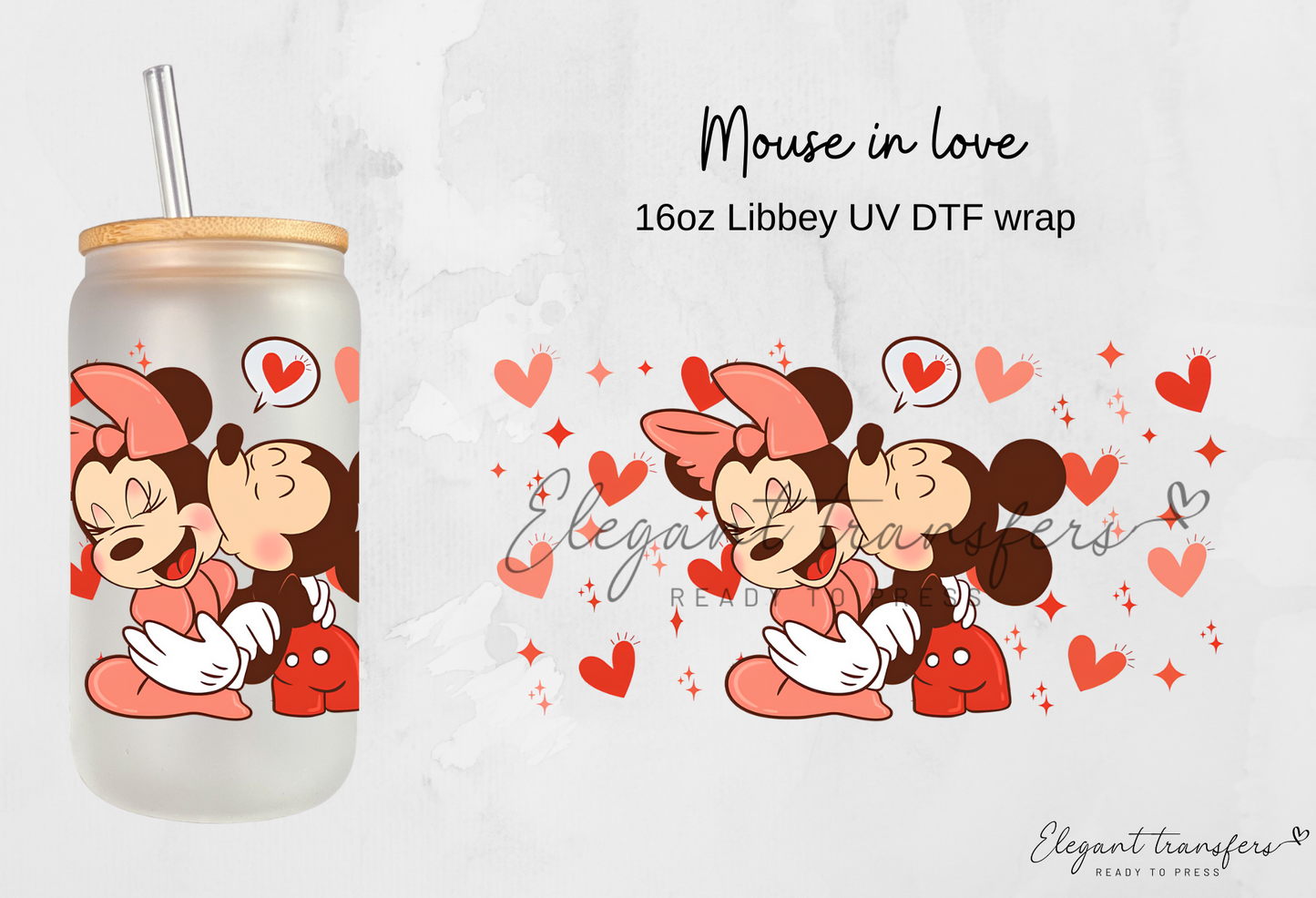 Mouse in love wrap [UV DTF - 16oz Libbey Glass Can] | Ready to Apply | Physical Product