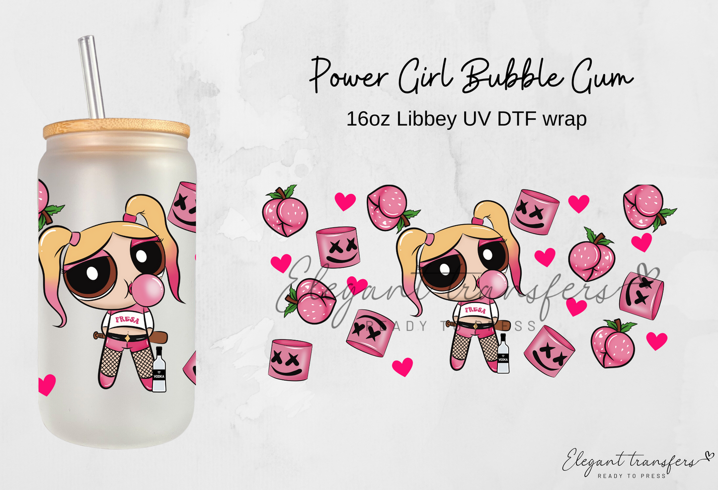 Power Girl Bubble Gum wrap [UV DTF - 16oz Libbey Glass Can] | Ready to Apply | Physical Product