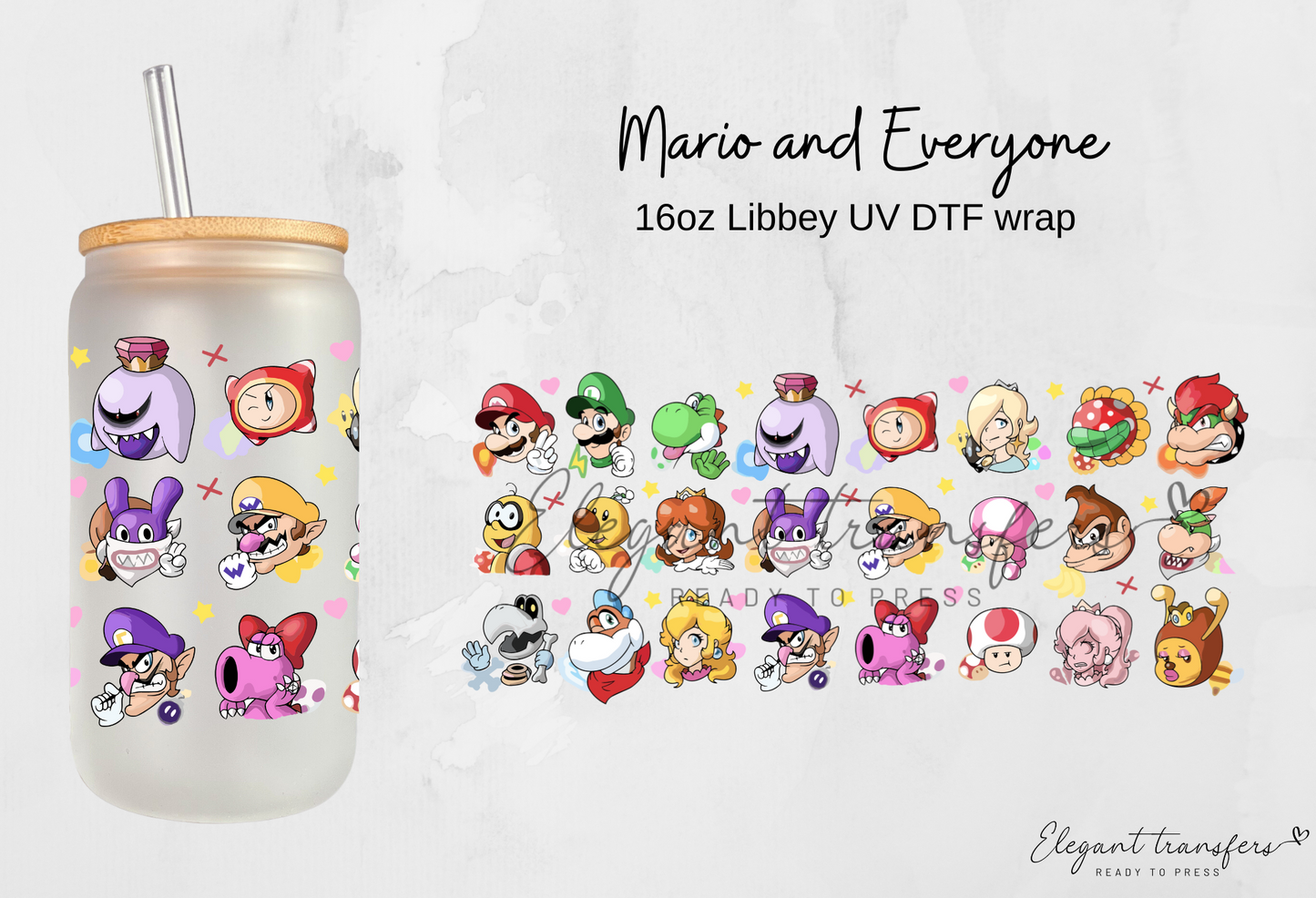 Mario and Everyone wrap [UV DTF - 16oz Libbey Glass Can] | Ready to Apply | Physical Product