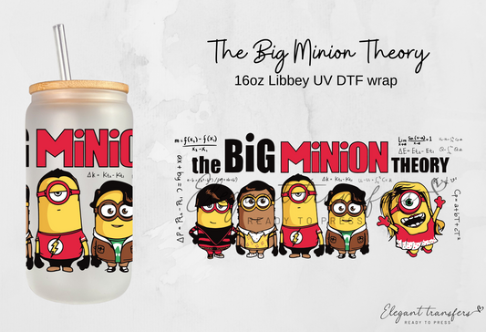 The Big Minion Theory wrap [UV DTF - 16oz Libbey Glass Can] | Ready to Apply | Physical Product