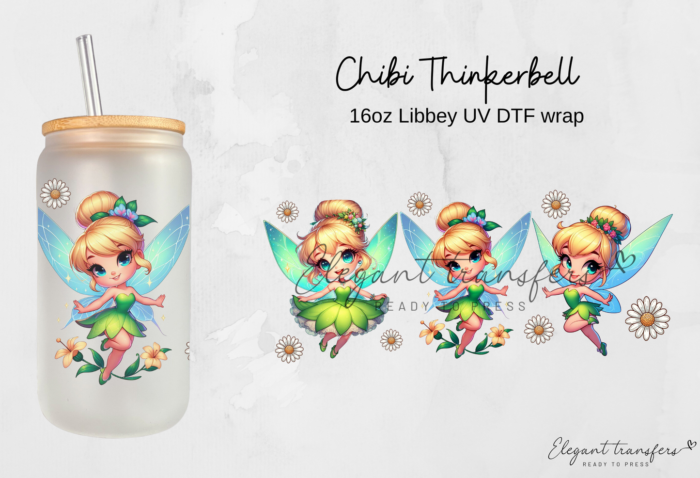 Chibi Thinkerbell Wrap [UV DTF - 16oz Libbey Glass Can] | Ready to Apply | Physical Product | Transfer