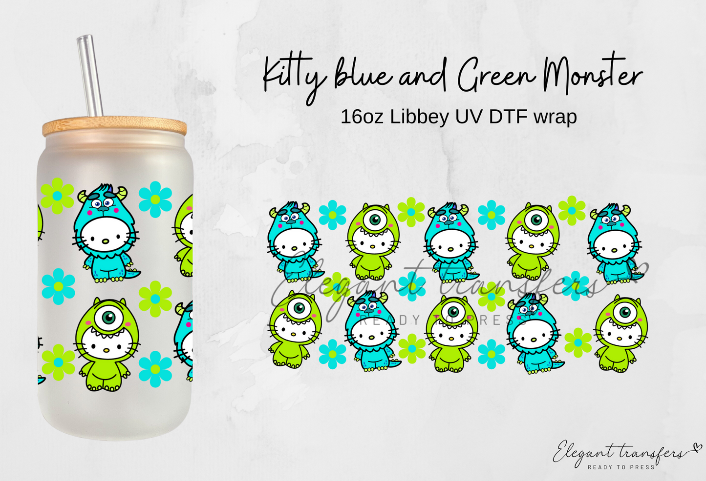 Kitty blue and Green Monster wrap [UV DTF - 16oz Libbey Glass Can] | Ready to Apply | Physical Product