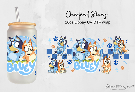 Checked Bluey wrap [UV DTF - 16oz Libbey Glass Can] | Ready to Apply | Physical Product