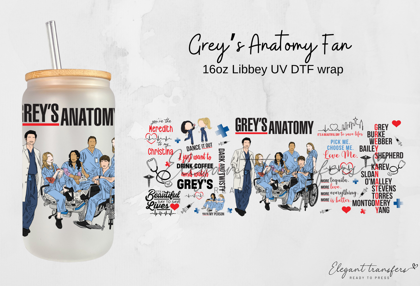 Grey’s Anatomy Fan wrap [UV DTF - 16oz Libbey Glass Can] | Ready to Apply | Physical Product
