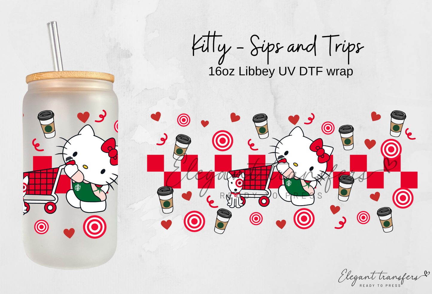 Kitty - Sips and Trips wrap [UV DTF - 16oz Libbey Glass Can] | Ready to Apply | Physical Product
