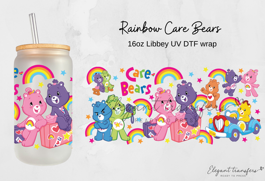 Rainbow Care Bears wrap [UV DTF - 16oz Libbey Glass Can] | Ready to Apply | Physical Product