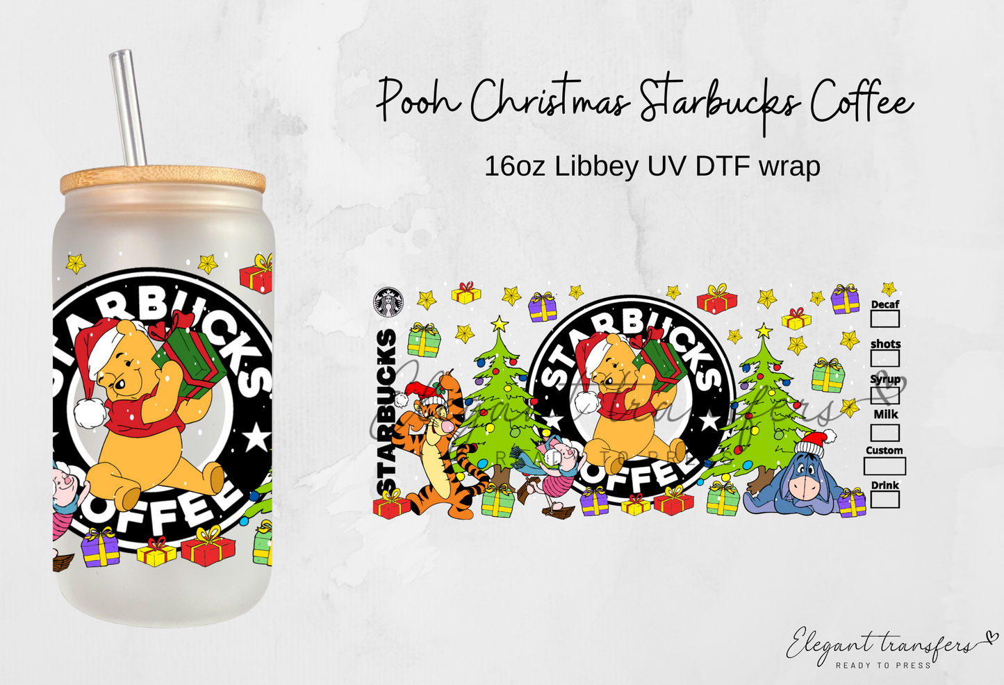 Pooh Christmas Starbucks Coffee Wrap [UV DTF - 16oz Libbey Glass Can] | Ready to Apply | Physical Item