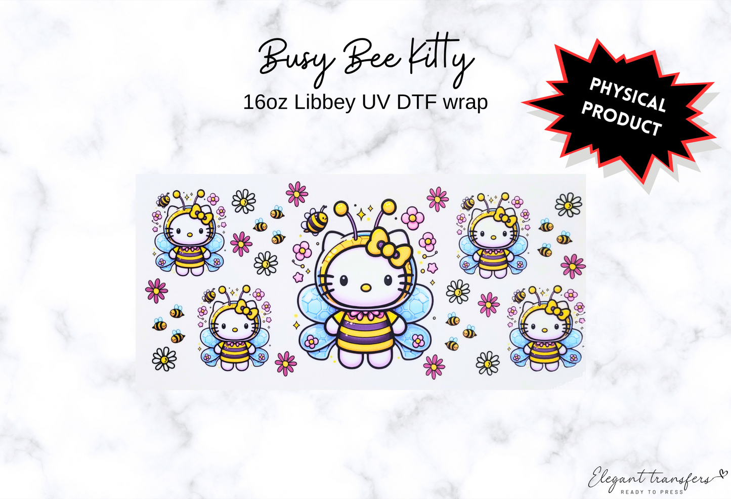 Busy Bee Kitty Wrap [UV DTF - 16oz Libbey Glass Can] | Ready to Apply | Physical Product | Transfer