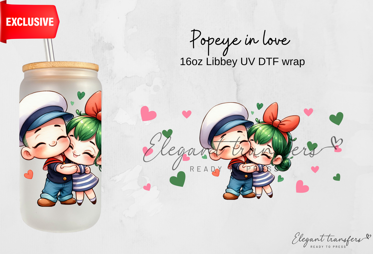 Popeye in love wrap [EXCLUSIVE UV DTF - 16oz Libbey Glass Can] | Ready to Apply | Physical Product