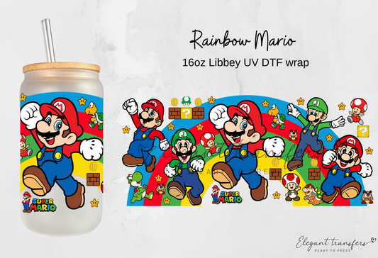 Rainbow Mario wrap [UV DTF - 16oz Libbey Glass Can] | Ready to Apply | Physical Product