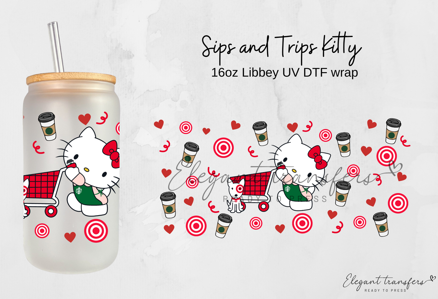 Sips and Trips Kitty wrap [UV DTF - 16oz Libbey Glass Can] | Ready to Apply | Physical Product