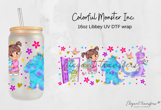 Colorful Monster Inc. wrap [UV DTF - 16oz Libbey Glass Can] | Ready to Apply | Physical Product