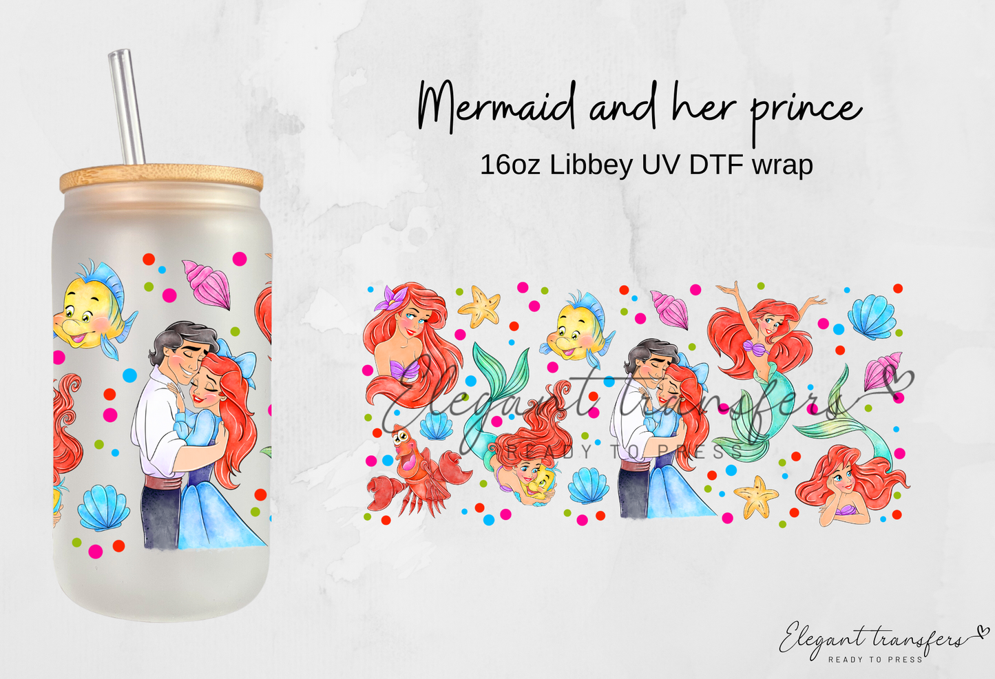 Mermaid and her prince wrap [UV DTF - 16oz Libbey Glass Can] | Ready to Apply | Physical Product
