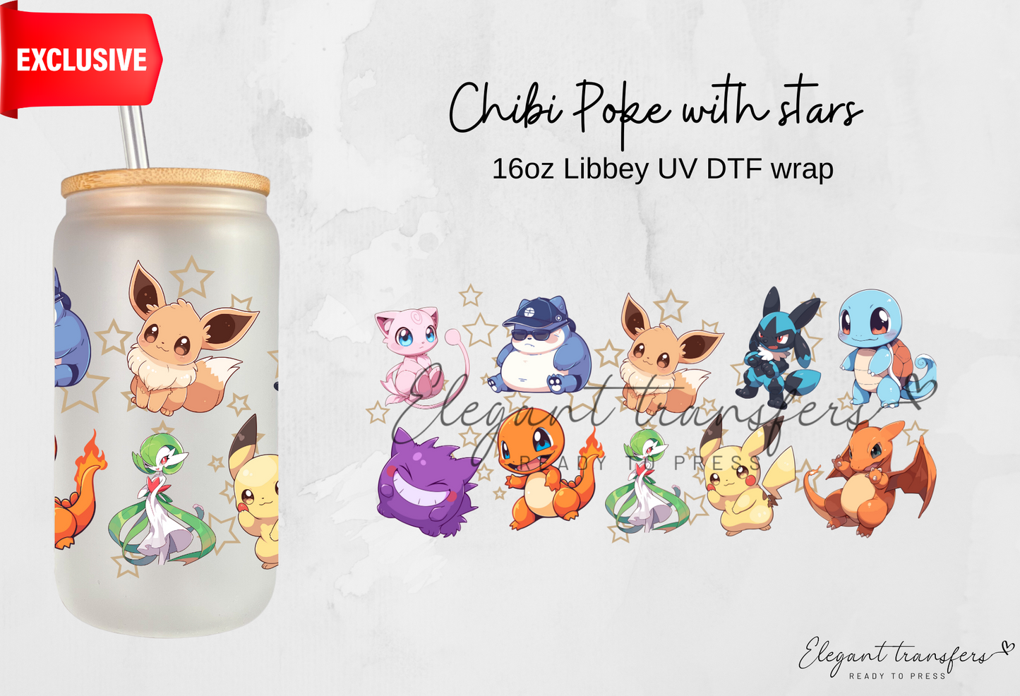 Chibi Poke with stars wrap [EXCLUSIVE UV DTF - 16oz Libbey Glass Can] | Ready to Apply | Physical Product