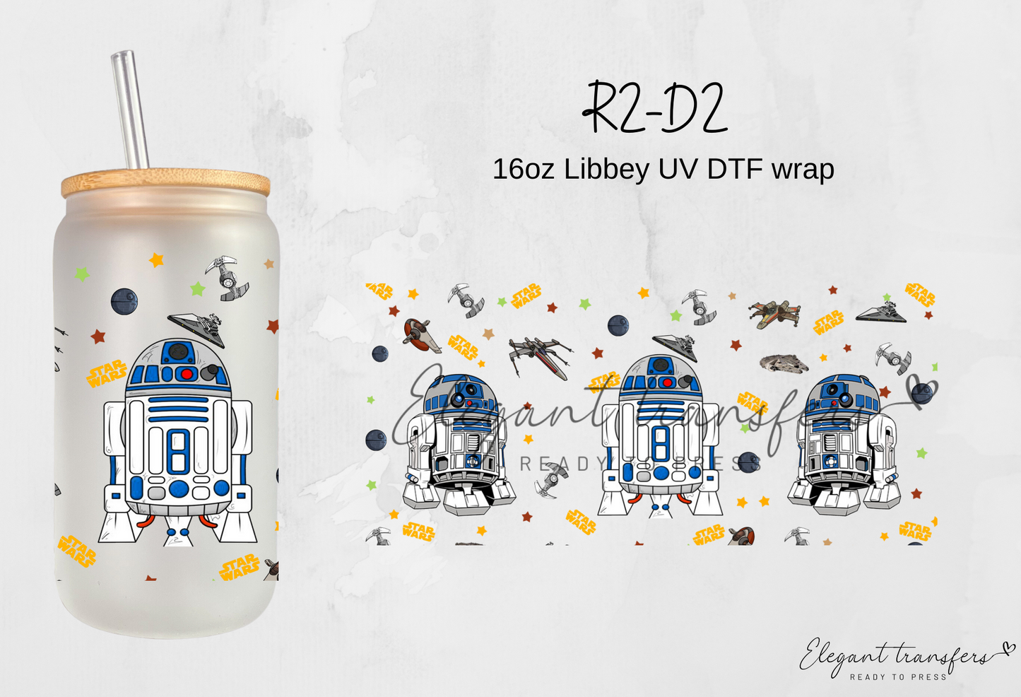 R2-D2 wrap [UV DTF - 16oz Libbey Glass Can] | Ready to Apply | Physical Product