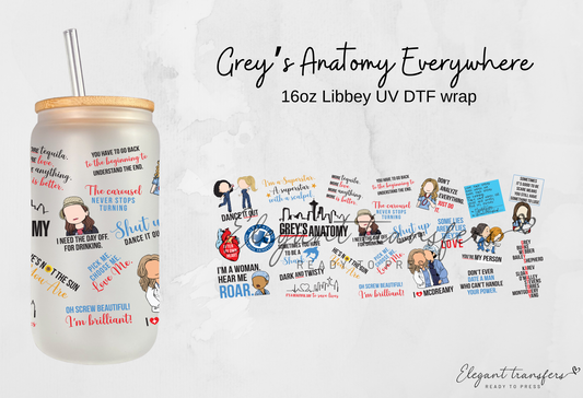 Grey’s Anatomy Everywhere wrap [UV DTF - 16oz Libbey Glass Can] | Ready to Apply | Physical Product