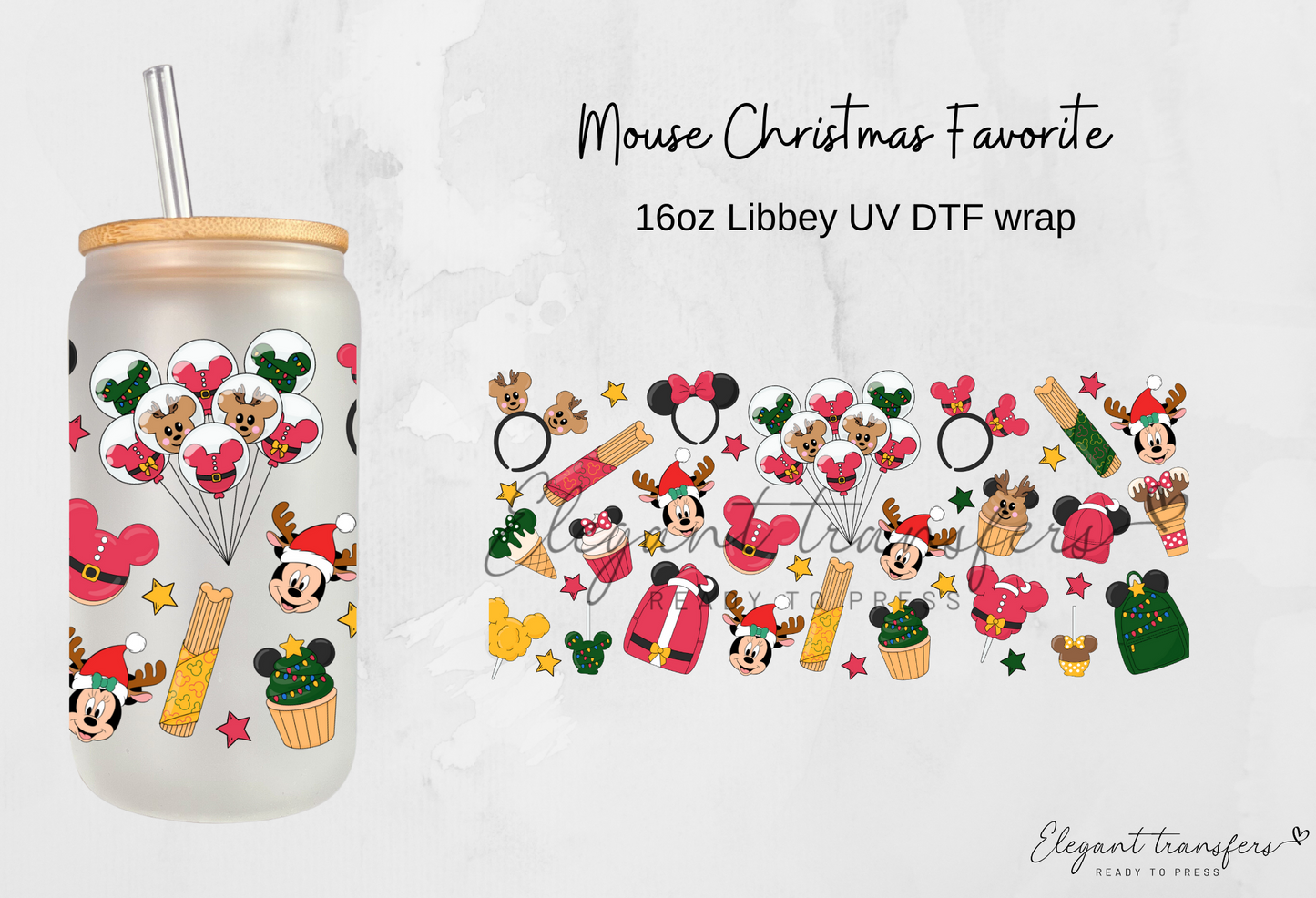 Mouse Christmas Favorite Wrap [UV DTF - 16oz Libbey Glass Can] | Ready to Apply | Physical Product