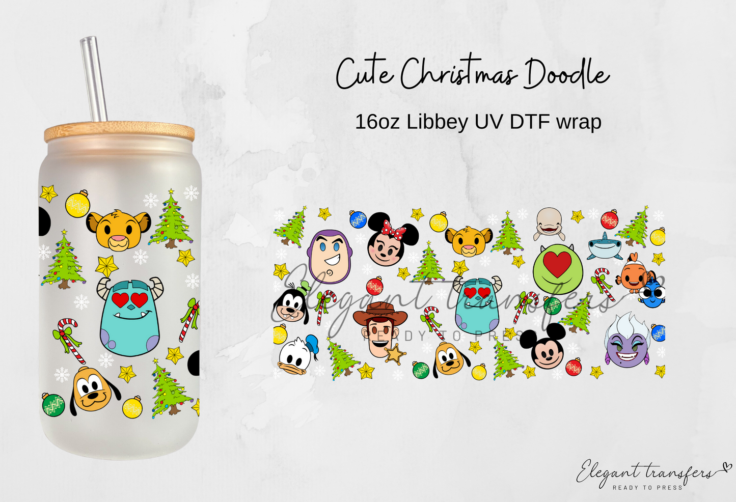 Cute Christmas Doodle Wrap [UV DTF - 16oz Libbey Glass Can] | Ready to Apply | Physical Product | Transfer