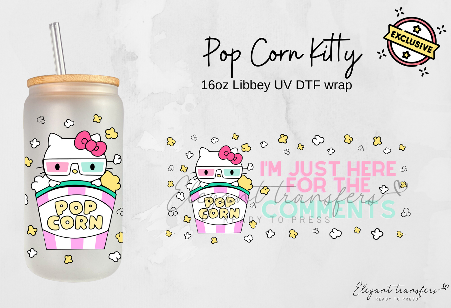 Popcorn Kitty Cup Wrap [EXCLUSIVE UV DTF - 16oz Glass Can] | Ready to Apply | Physical Item