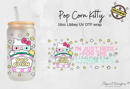 Popcorn Kitty Cup Wrap [EXCLUSIVE UV DTF - 16oz Glass Can] | Ready to Apply | Physical Item