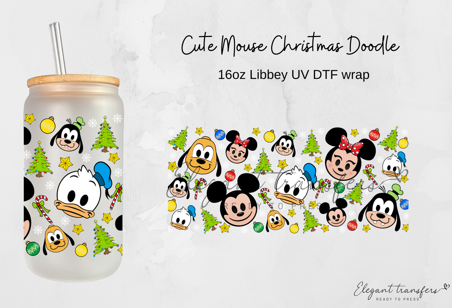 Cute Mouse Christmas Doodle Wrap [UV DTF - 16oz Libbey Glass Can] | Ready to Apply | Physical Product | Transfer