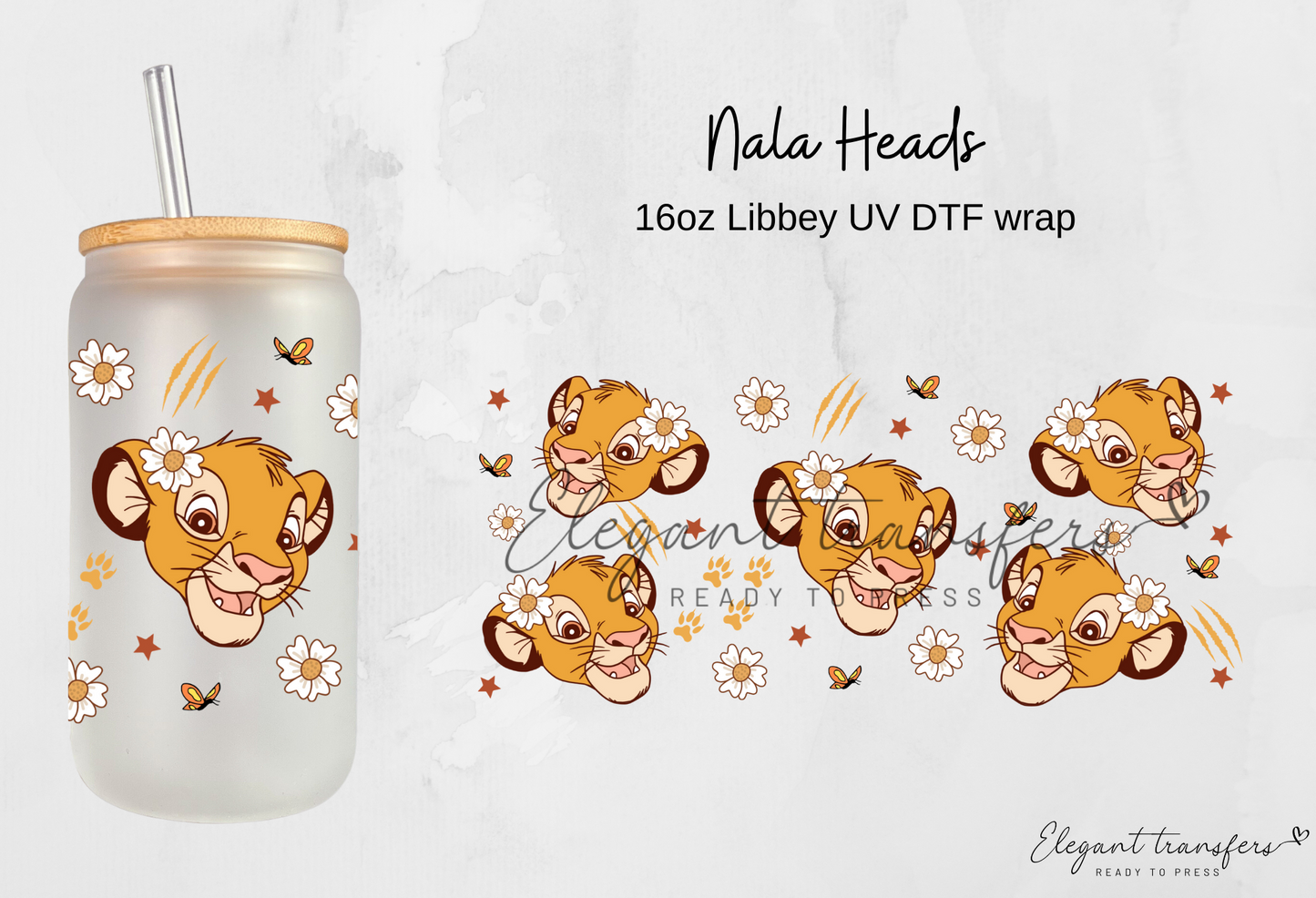 Nala Heads wrap [UV DTF - 16oz Libbey Glass Can] | Ready to Apply | Physical Product