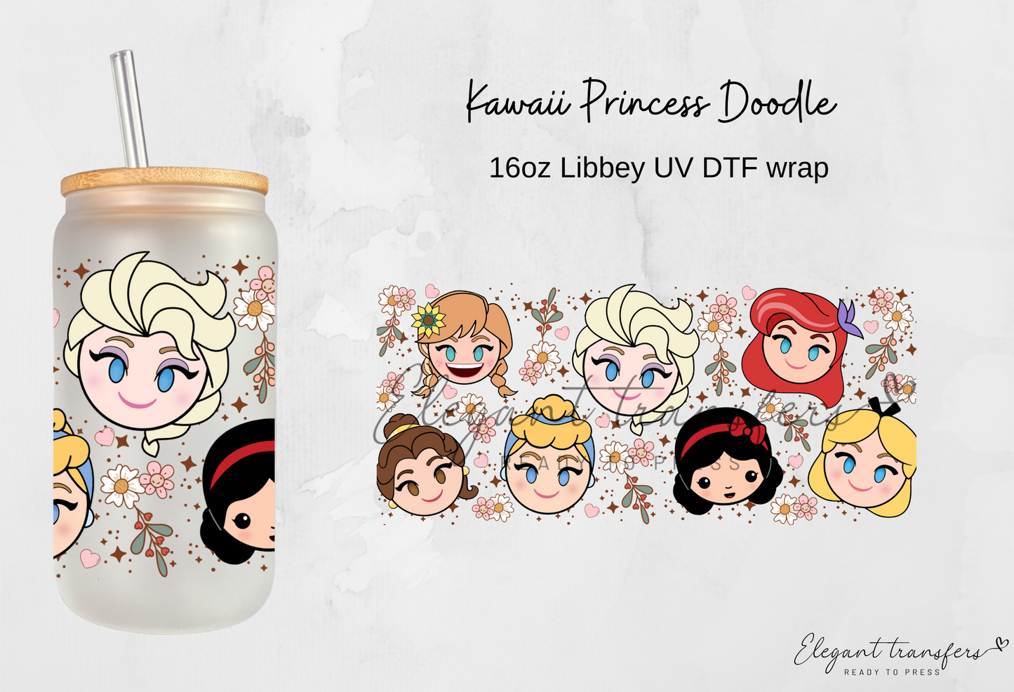 Kawaii Princess Doodle Wrap [UV DTF - 16oz Libbey Glass Can] | Ready to Apply | Physical Product