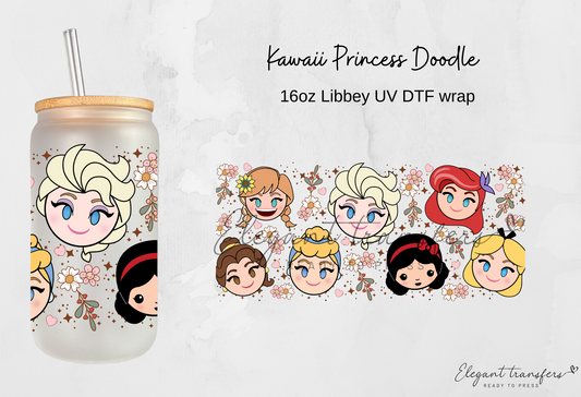 Kawaii Princess Doodle Wrap [UV DTF - 16oz Libbey Glass Can] | Ready to Apply | Physical Product