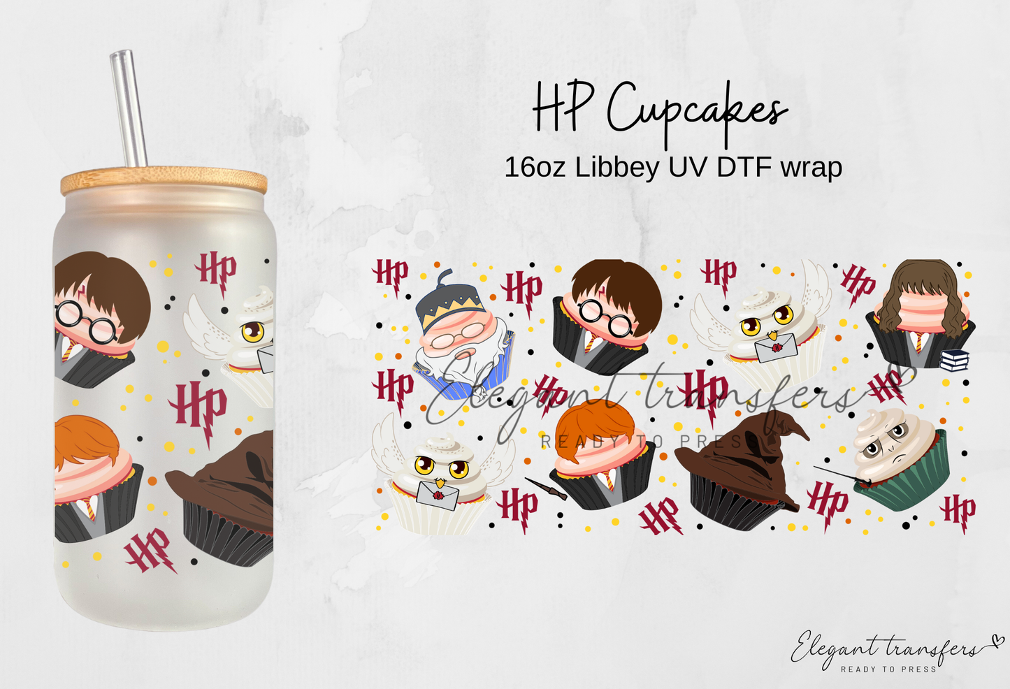 HP Cupcakes Wrap [UV DTF - 16oz Libbey Glass Can] | Ready to Apply | Physical Product | Transfer