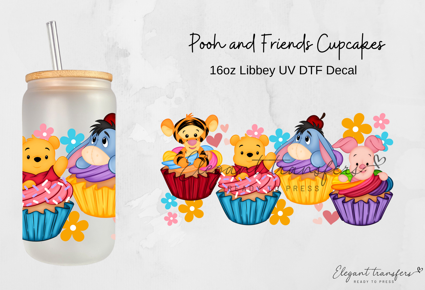 Pooh and Friends Cupcakes Wrap [UV DTF - 16oz Libbey Glass Can] | Ready to Apply | Physical Product | Transfer