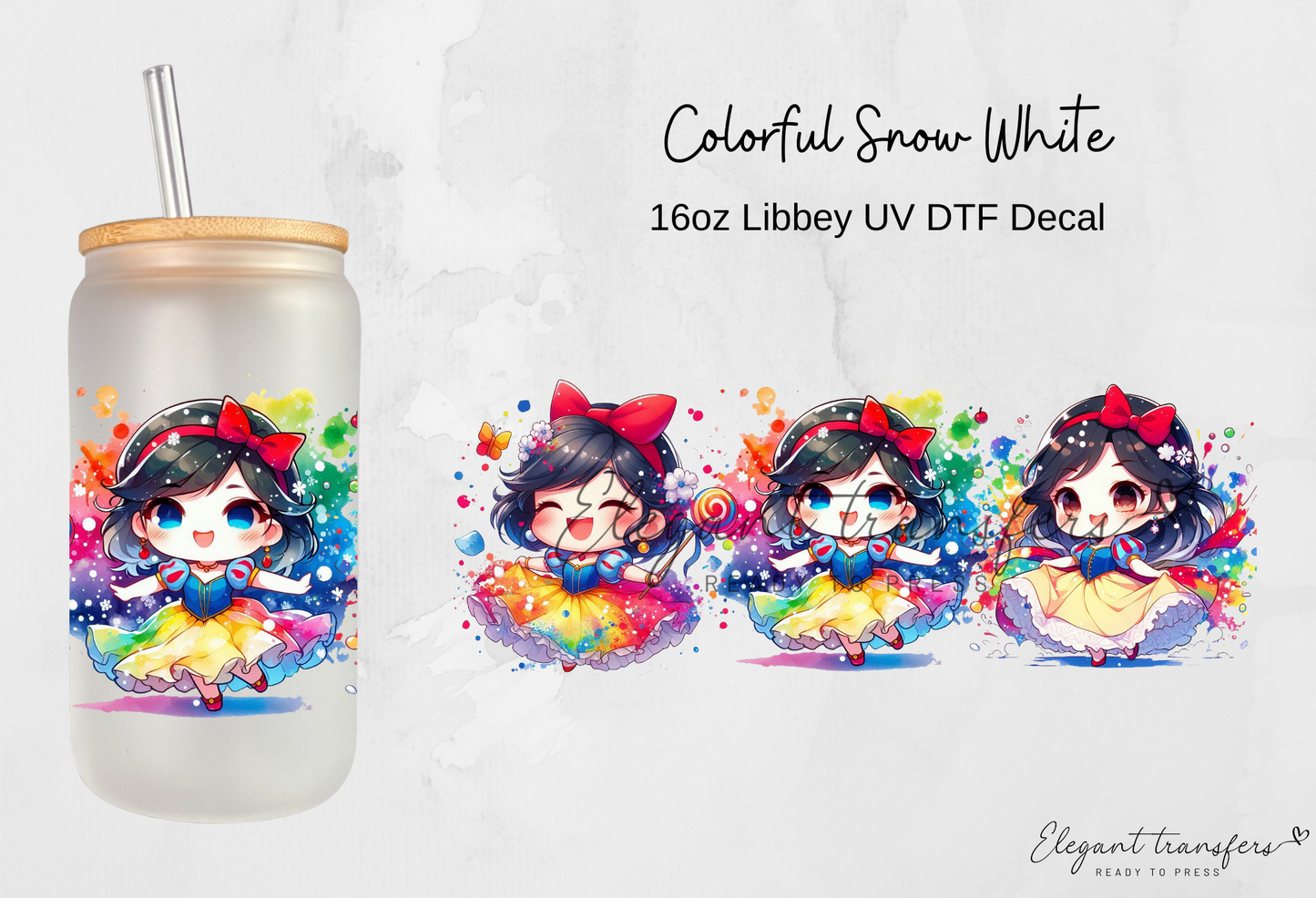 Colorful Snow White Wrap [UV DTF - 16oz Libbey Glass Can] | Ready to Apply | Physical Product | Transfer