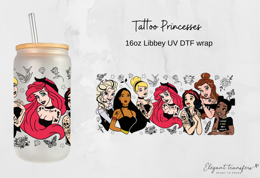 Tattoo Princesses Wrap [UV DTF - 16oz Libbey Glass Can] | Ready to Apply | This is a Physical Product | Transfer | Waterproof | Anti-scratch