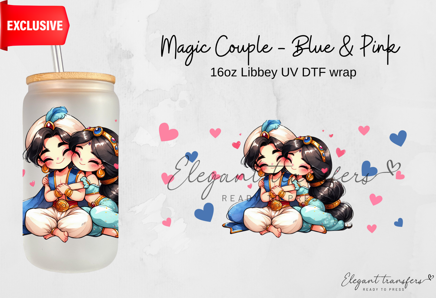 Magic Couple - Blue & Pink wrap [EXCLUSIVE UV DTF - 16oz Libbey Glass Can] | Ready to Apply | Physical Product