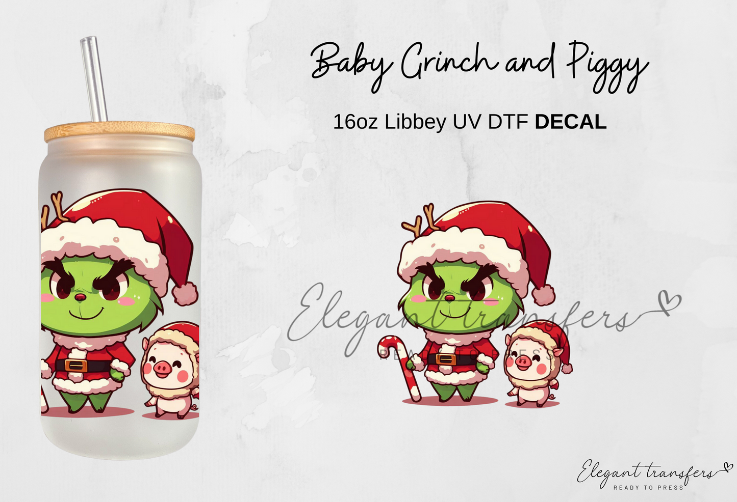 Baby Grinch & Piggy Decals Collection [EXCLUSIVE UV DTF - 16oz Glass Can] | Ready to Apply | Physical Item