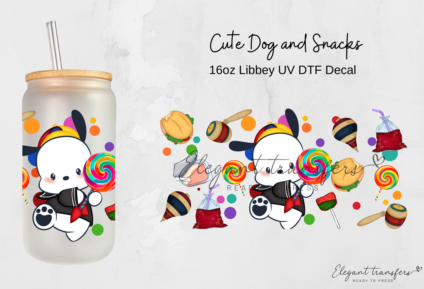 Cute Dog and Snacks Wrap [UV DTF - 16oz Libbey Glass Can] | Ready to Apply | Physical Product | Transfer