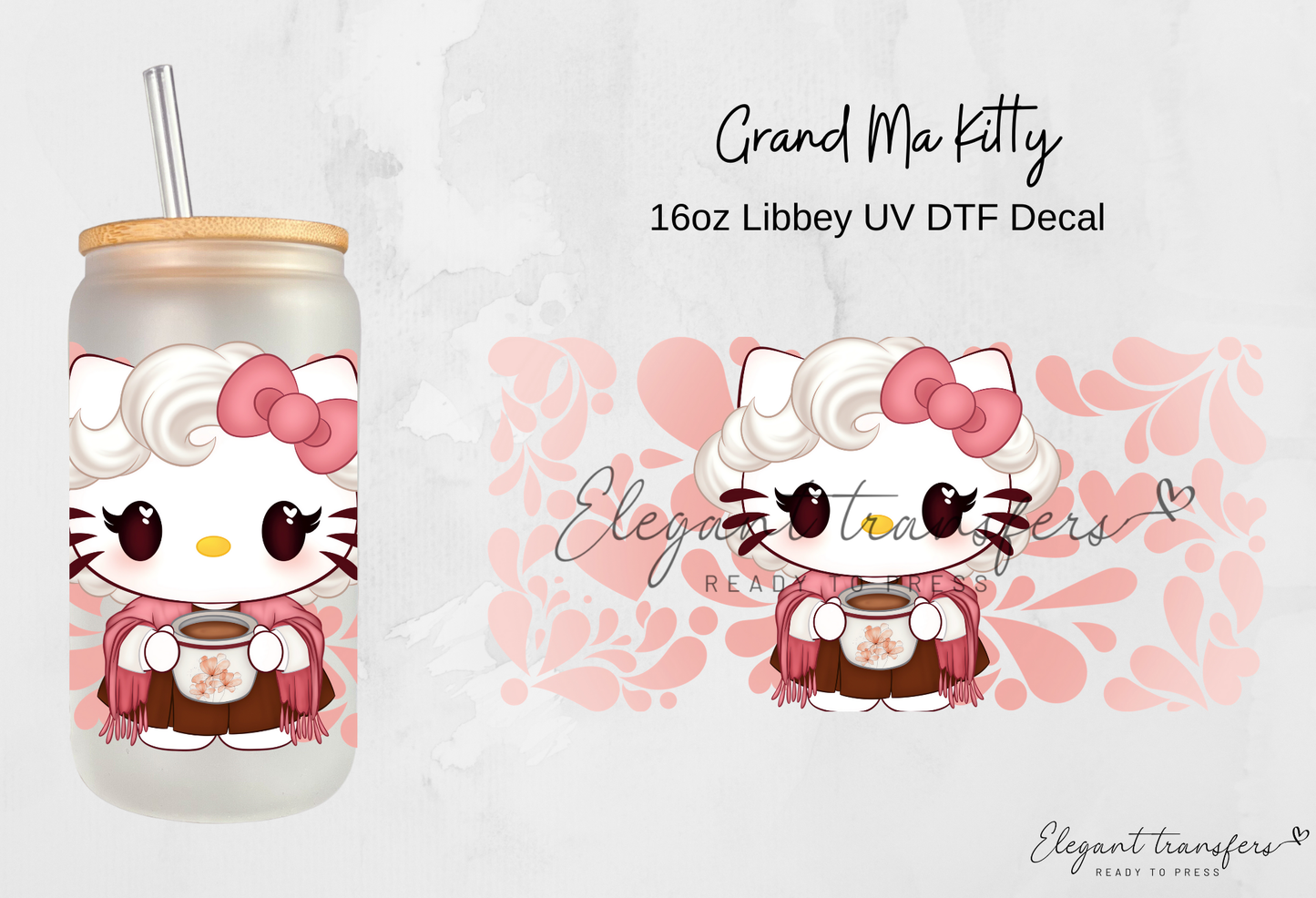 Grandma Kitty Wrap [UV DTF - 16oz Libbey Glass Can] | Ready to Apply | Physical Product | Transfer