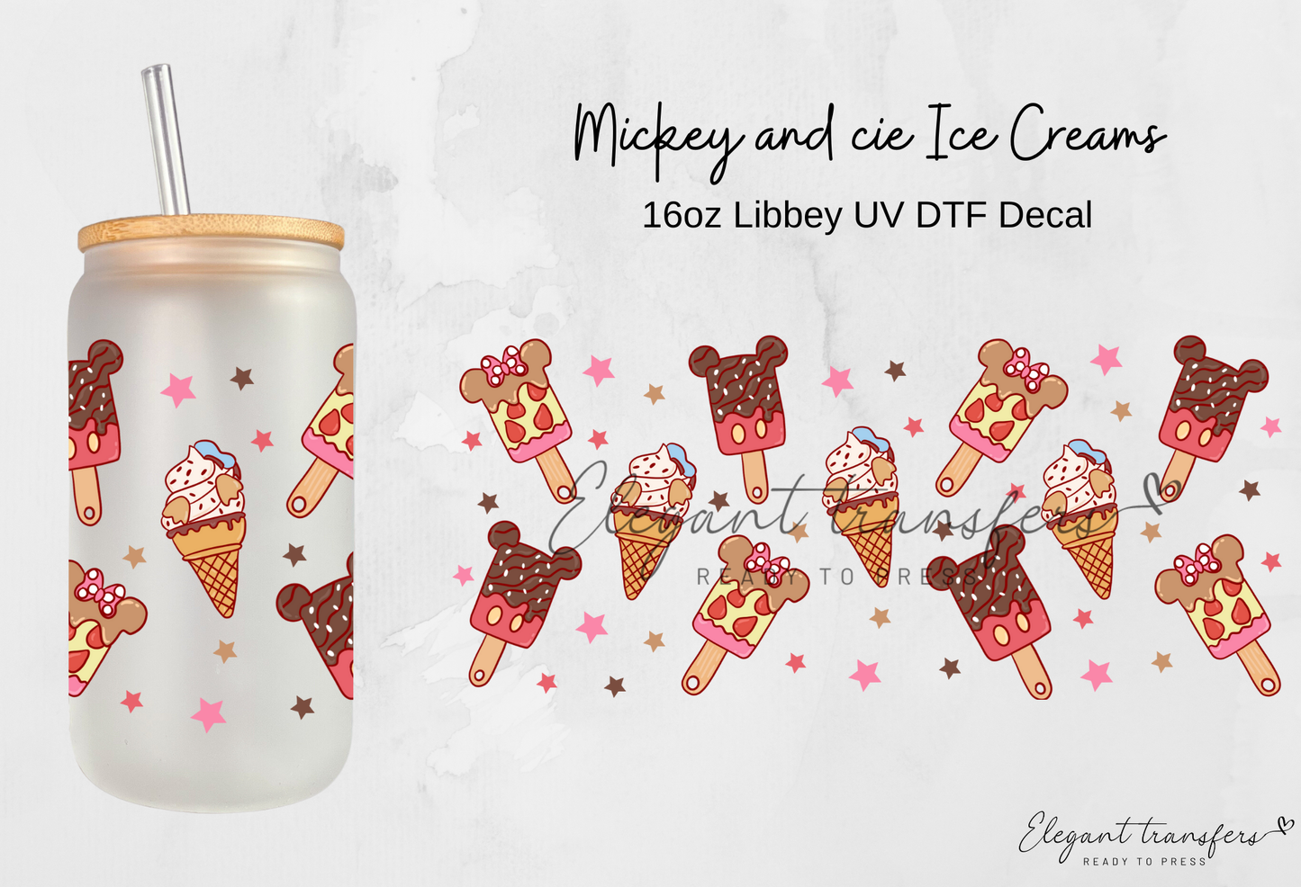 Mickey and cie Ice Creams Wrap [UV DTF - 16oz Libbey Glass Can] | Ready to Apply | Physical Product | Transfer