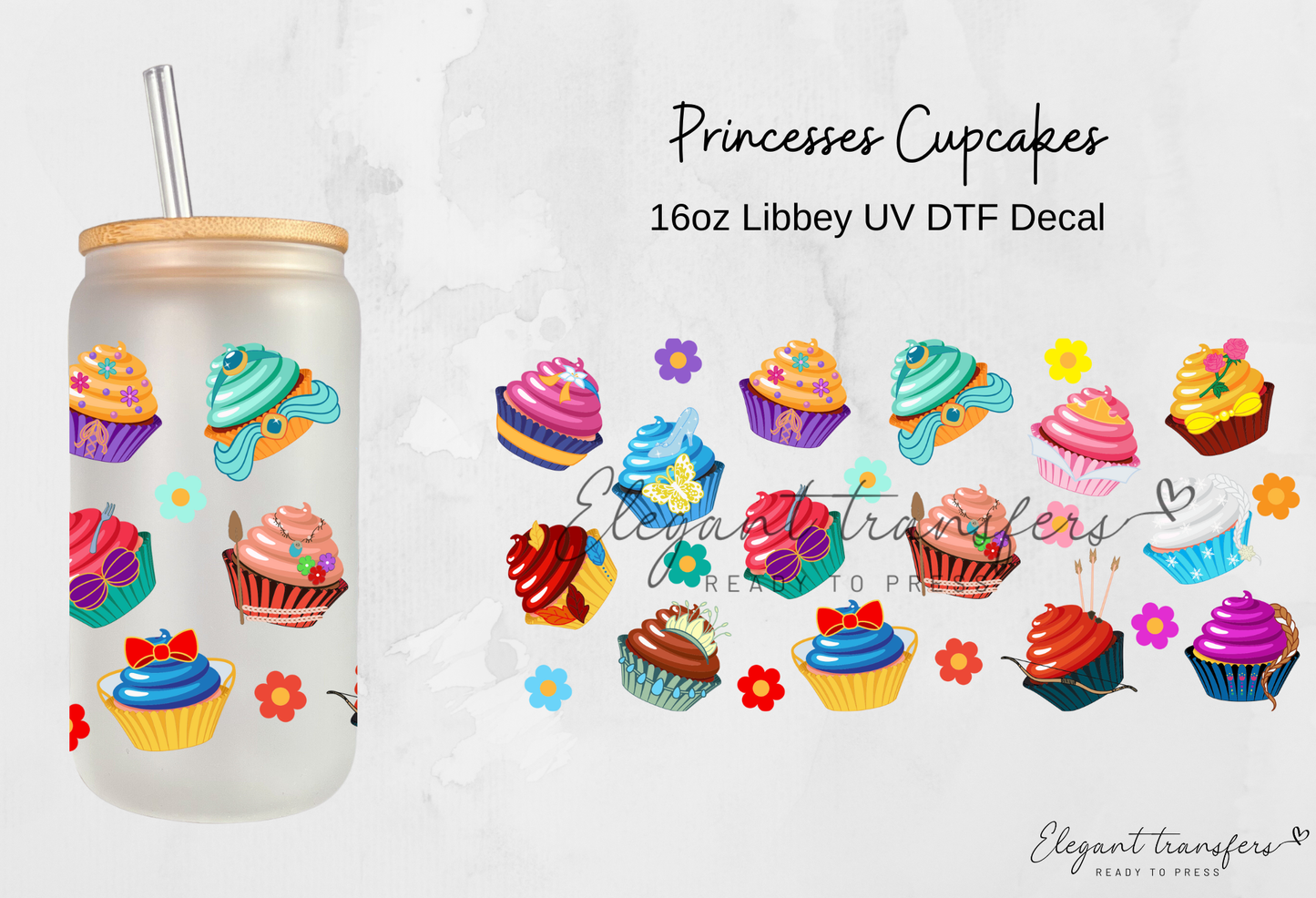 Princesses Cupcakes Wrap [UV DTF - 16oz Libbey Glass Can] | Ready to Apply | Physical Product | Transfer