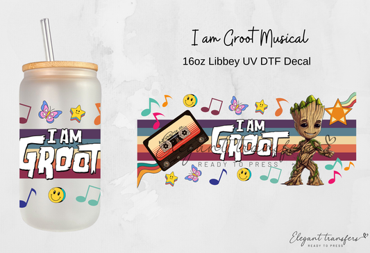 I am Groot Musical Wrap [UV DTF - 16oz Libbey Glass Can] | Ready to Apply | Physical Product | Transfer