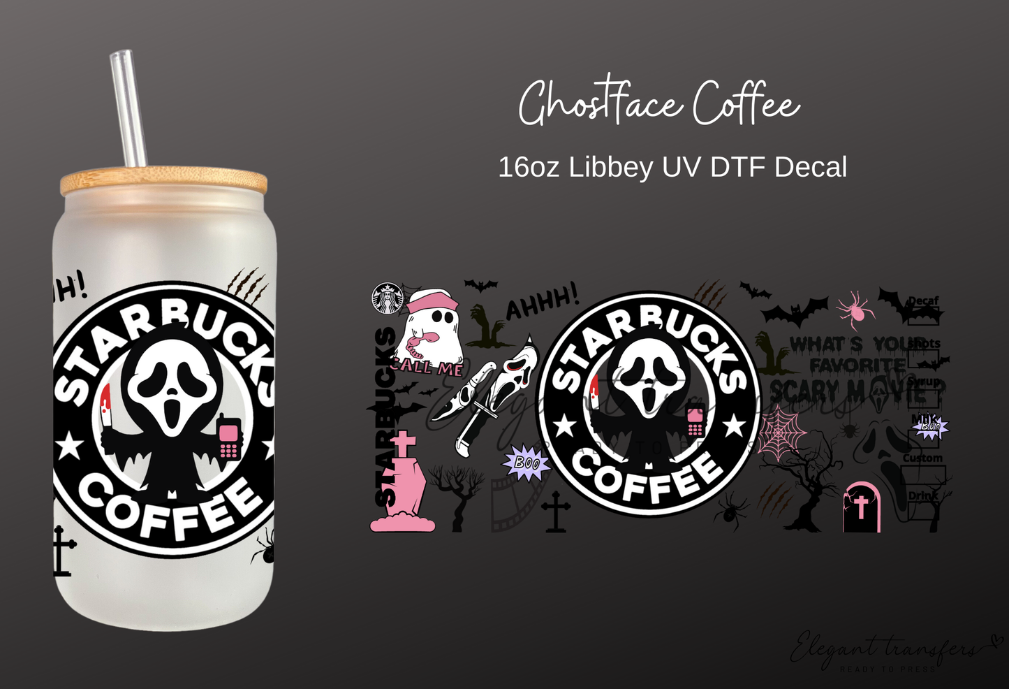 Ghostface Coffee Wrap [UV DTF - 16oz Libbey Glass Can] | Ready to Apply | Physical Product | Transfer