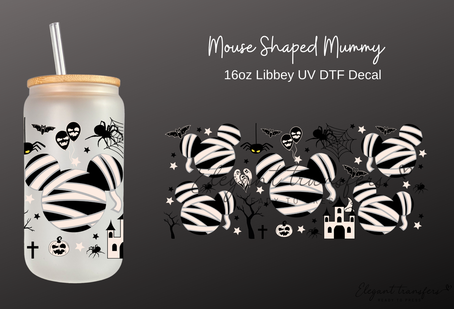 Mouse Shaped Mummy Wrap [UV DTF - 16oz Libbey Glass Can] | Ready to Apply | Physical Product | Transfer