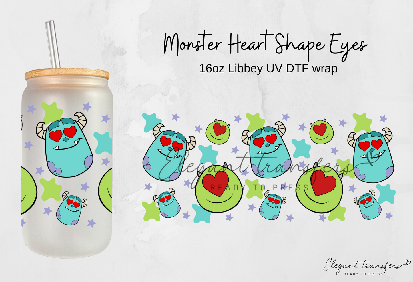 Monster Heart Shape Eyes wrap [UV DTF - 16oz Libbey Glass Can] | Ready to Apply | Physical Product
