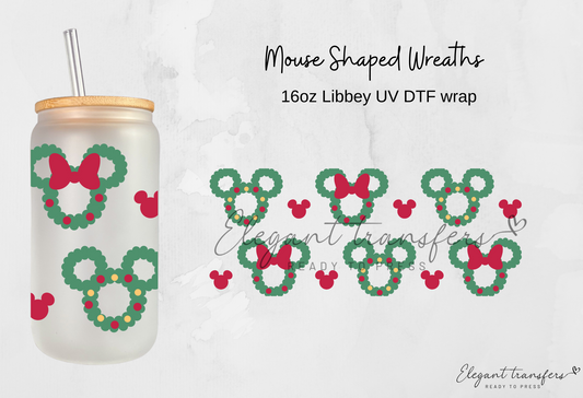 Mouse Shaped Wreaths Wrap [UV DTF - 16oz Libbey Glass Can] | Ready to Apply | Physical Item