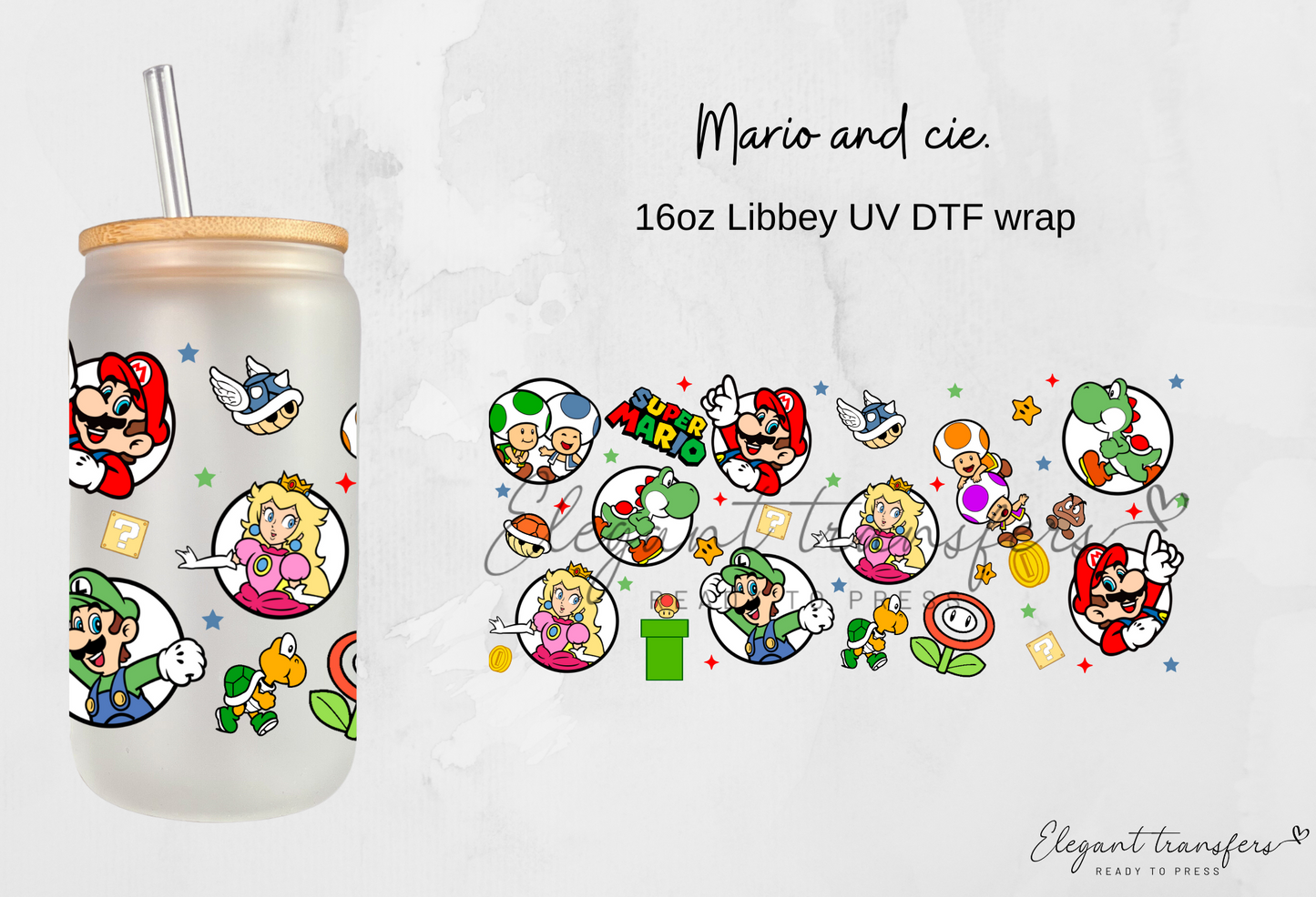 Mario and cie. Wrap [UV DTF - 16oz Libbey Glass Can] | Ready to Apply | Ready to Apply | Physical Product