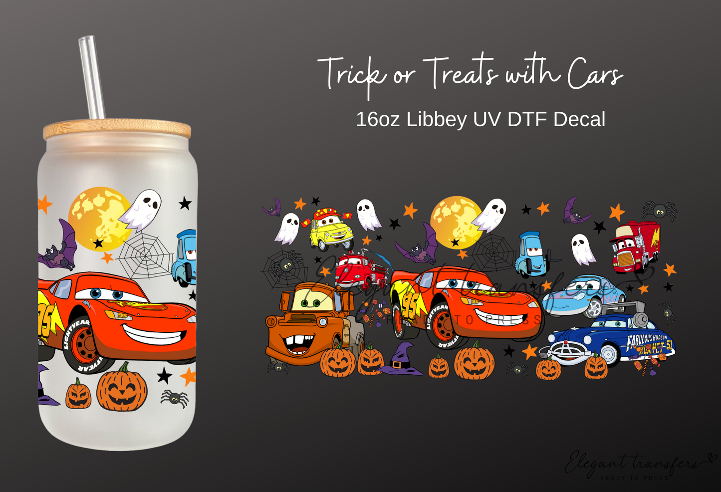 Trick or Treats with Cars Wrap [UV DTF - 16oz Libbey Glass Can] | Ready to Apply | Physical Product | Transfer