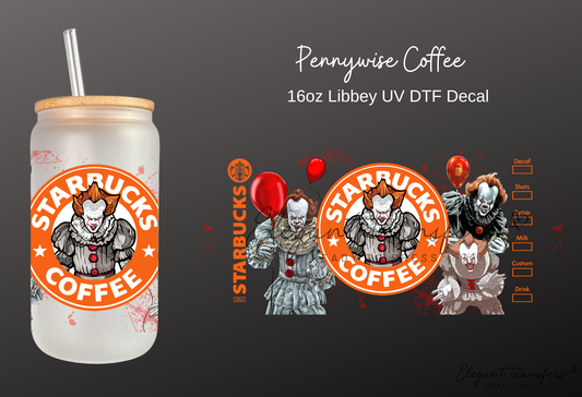 Pennywise Coffee Wrap [UV DTF - 16oz Libbey Glass Can] | Ready to Apply | Physical Product | Transfer